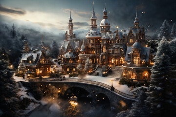 Obraz premium village street in winter season decorated for Christmas or New Year holiday, beautiful view of exteriors of houses , snow, sunset, street lights, festive environment