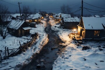 village street in winter season, old weathered homes and dirt on the road, rundown environment, snow, sunset, street lights