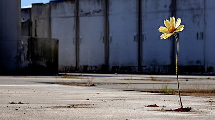 A lone figure stands at the edge of a deserted industrial area, gazing at a single blooming flower amid the concrete.