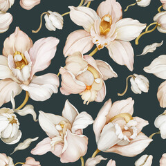 Seamless pattern with orchids in watercolor style