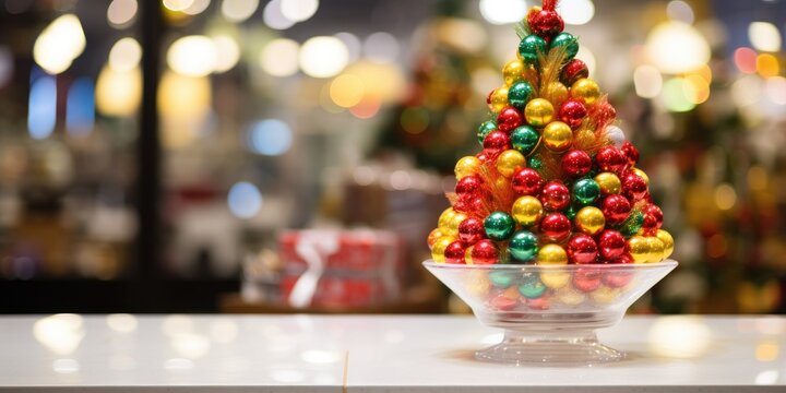 Christmas shopping concept with a decorated tree in a supermarket, candy and marzipan on store counters. Image has selective focus.