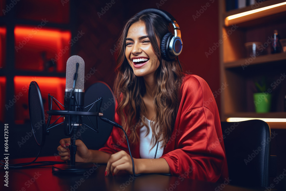 Wall mural Young woman recording a podcast in studio and having fun