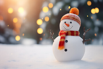 Festive Snowman Delight Amidst Snowfall in a Picturesque Park with Enchanting Bokeh. AI generated.