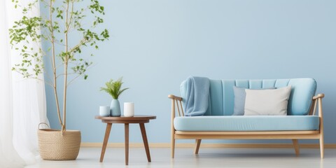 Light blue round table next to a sofa and rocking chair in a bright living room.