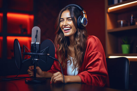 Young woman recording a podcast in studio and having fun
