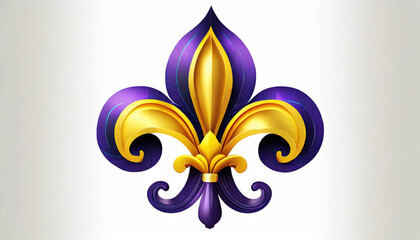  Vibrant gold and purple fleur-de-lis symbol against a white background, representing Mardi Gras celebration.