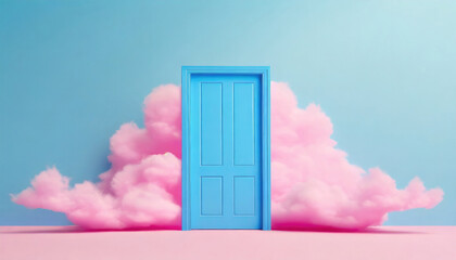Surreal artwork of a light blue door standing open against a pastel pink floor with fluffy pink clouds in a light blue sky.