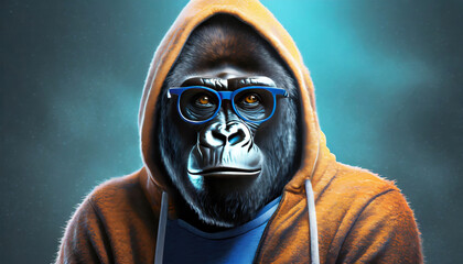 A stylized gorilla wearing a hoodie and orange glasses posing with a thoughtful expression on a teal background, conveying a quirky and contemporary vibe. - obrazy, fototapety, plakaty