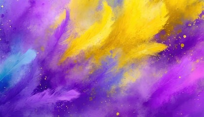 Abstract digital watercolor splash in vibrant Mardi Gras colors of purple and yellow with festive specks symbolizing celebration. - obrazy, fototapety, plakaty