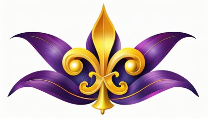  Vibrant gold and purple fleur-de-lis symbol against a white background, representing Mardi Gras celebration.