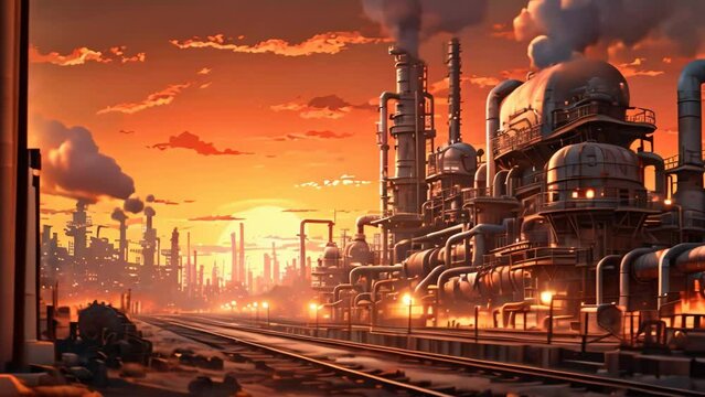 Industrial Factory Oil Refinery Oil Industry Evening Electricity Pollution Sunset