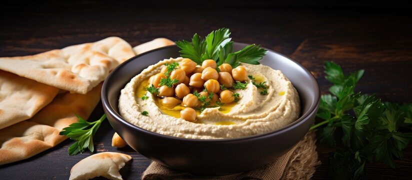 Hummus bowl with chickpeas, parsley, and pitta bread