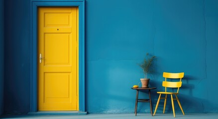 a blue and yellow door and chair against a blue wall