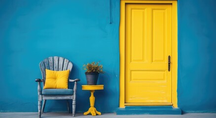 Fototapeta na wymiar a blue and yellow door and chair against a blue wall