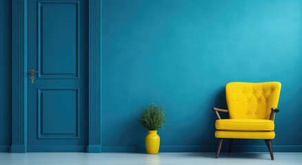 a blue and yellow door and chair against a blue wall