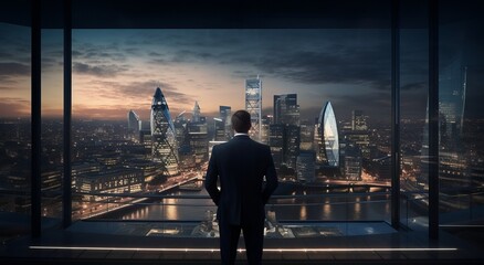 a businessman looking out over a city from a window - obrazy, fototapety, plakaty