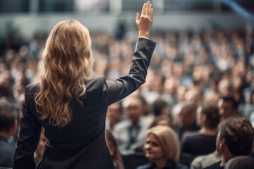 a businesswoman in a conference looking at an audience raising her hand
