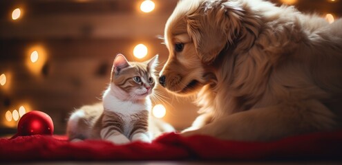 a cat and dog are kissing on christmas