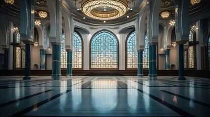 Obraz premium Expansive view of an Islamic cultural center's interior, focusing on a mosaic podium.