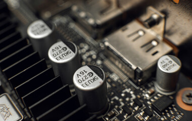 Macro close up of a modern computer gaming motherboard 

