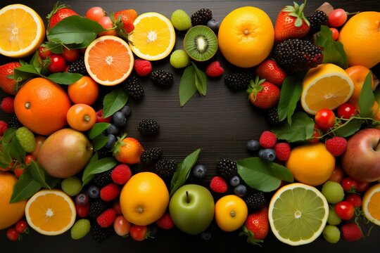 Edible artwork Frame composed of a variety of ripe fruits