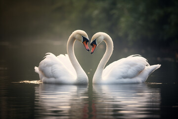 swans kiss, pair of white swans on the lake, love and trust birds, romantic kiss of birds, generative ai