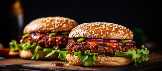 Close-up of healthy, meat-free vegan burgers made with plant-based fiber and soy protein.