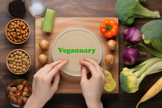 Close-up of female hands taking plate on a wooden background with a lot of vegetable. Vegan lifestyle. Cover of vegan recipes. An educational text about the benefits of a vegan diet.