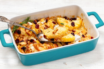 pineapple sweet casserole in baking dish, top view