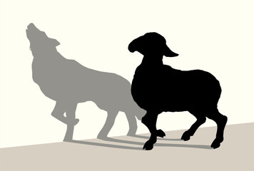 Vector drawing. Cute small sheep with shadow of wolf