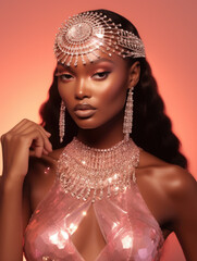A poised woman adorned with a radiant headpiece and shimmering attire against a warm backdrop.