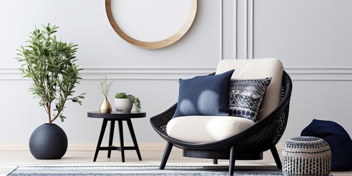 Cozy living room with black armchair, round coffee table, patterned pillow, navy carpet, and personal accessories. Template for home decor.