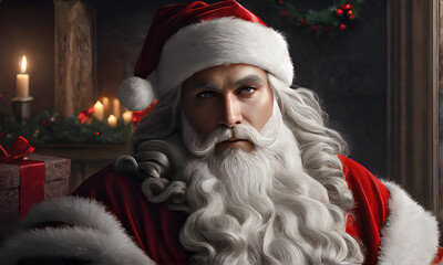 Santa claus with christmas gift sitting in a cool pose, The room is decorated with candles, Cinematic style,  Generative AI
