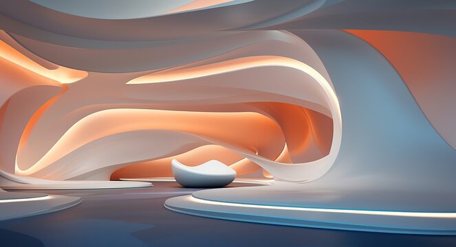  A photo of a 3d rendering of a room with white, curved light lighting light, in the style of organic abstraction, shaped canvas, light silver and light orange, light white and dark