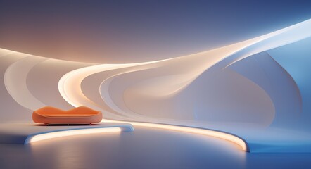  A photo of a 3d rendering of a room with white, curved light lighting light, in the style of...