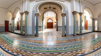 Obraz premium Panoramic view of a mosque's entrance with an artistically crafted and vivid 3D mosaic podium.