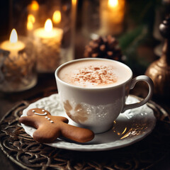Cup of hot cinnamon milk and gingerbread man on candle lit background. Generative AI