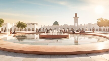 Panoramic view of an open-air Islamic gathering space with a lively 3D mosaic podium.