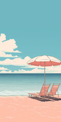 Naklejka premium Beach Bliss: Sun, Sand, and Umbrella Serenity, AI Generative