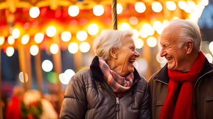 Obraz premium A cheerful elderly couple enjoy a festive carousel ride, while lights twinkle in the background. Perfect for capturing the joy of the season.