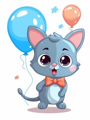 Cartoon sticker cute kitten with blue balloon, AI