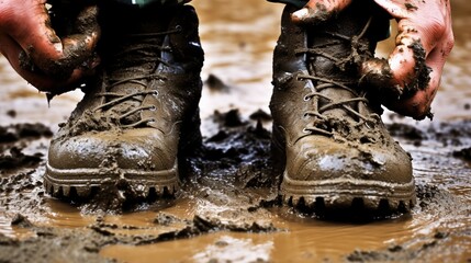 Brown Muddy Boots and Hands in Wet Outdoor Setting