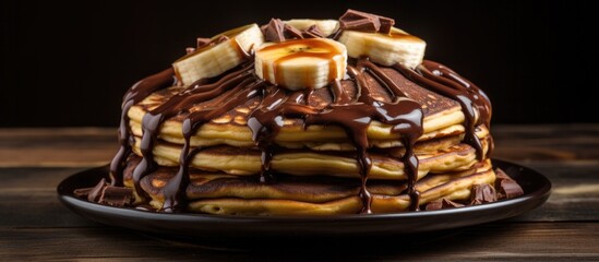 Detailed view of chocolate-covered banana pancake on wooden surface. - Powered by Adobe