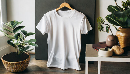 A plain empty white tshirt hanging on a hanger with a home interior background. Mockup clothing company concept. ai generated.