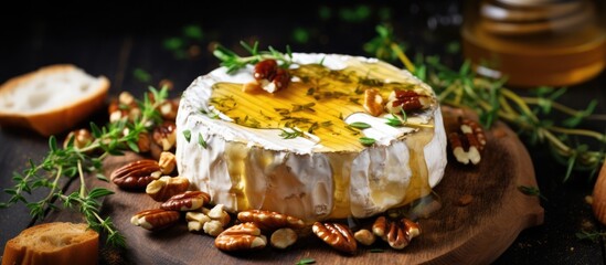 Rustic French-style Camembert cheese baked in a wooden box, topped with honey, herbs, and nuts, offers a taste of France from a top view.