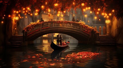 Under the bridges of a picturesque waterway, a gondola glides silently, carrying a couple wrapped...