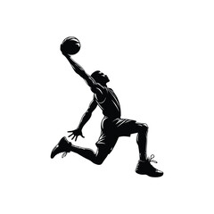 silhouette illustration of a basketball player performing a slam dunk - obrazy, fototapety, plakaty