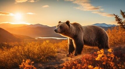  a large brown bear standing on top of a lush green field next to a forest filled with yellow and orange flowers. - obrazy, fototapety, plakaty