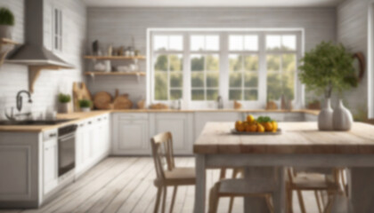 Fototapeta na wymiar Blurry out of focus background of a bright farmhouse home white kitchen with wooden details and tabletop. ai generated