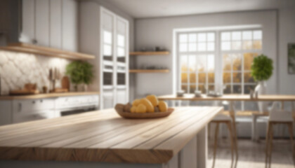 Blurry out of focus background of a bright farmhouse home white kitchen with wooden details and tabletop. ai generated